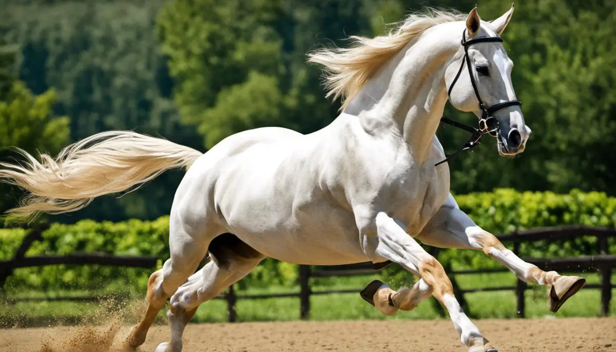 A Hungarian Warmblood horse gracefully performing dressage movements.