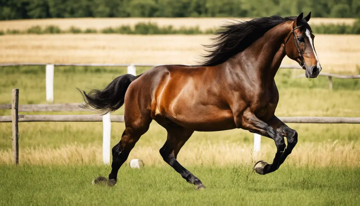 A beautiful Hungarian Warmblood horse standing in a field, exemplifying strength and elegance.