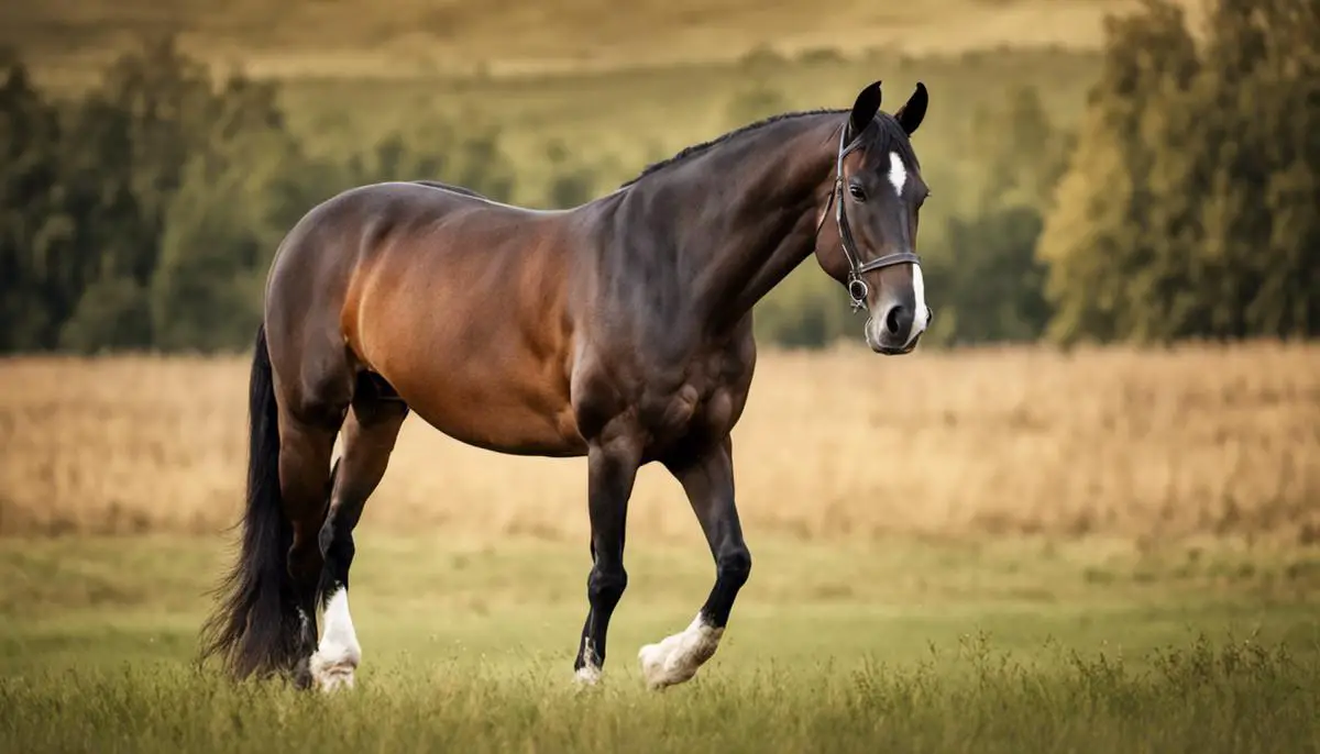 A beautiful Hungarian Warmblood horse with a muscular build and expressive eyes, standing in a field.