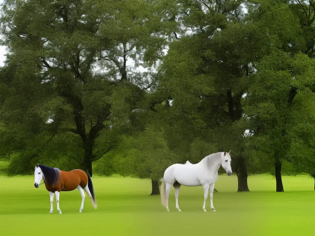 A horse with a sleek, muscular build and a proud stance, standing against a backdrop of green grass and trees.