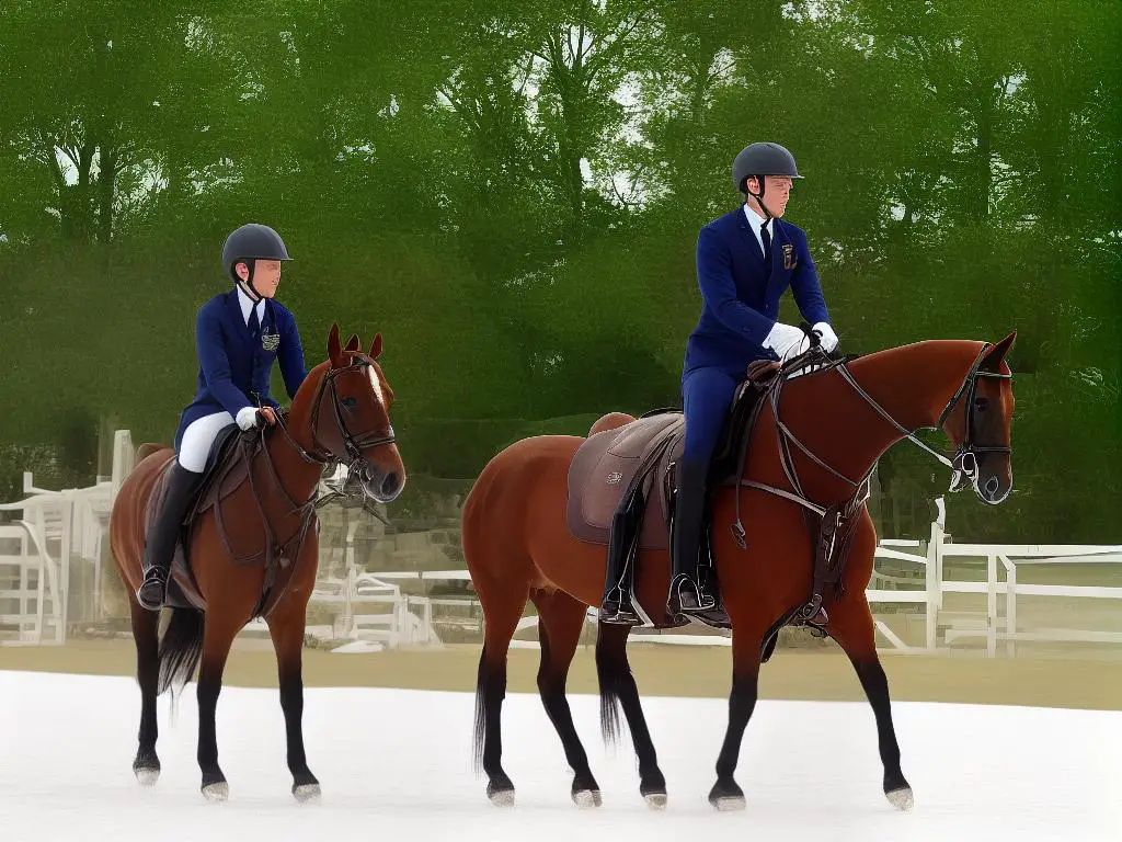 A person riding a chestnut Saddlebred horse with a matching saddle in an outdoor riding rink.