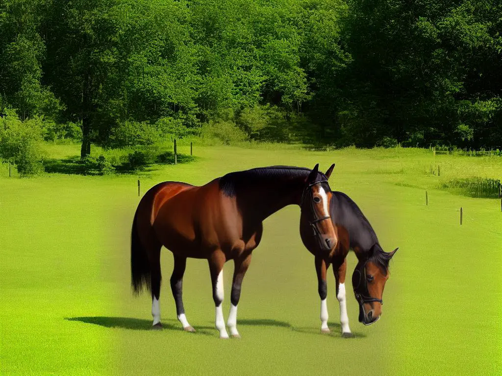 Picture of a beautiful Kentucky Saddler horse with brown and white coat, standing in a green field surrounded by trees.