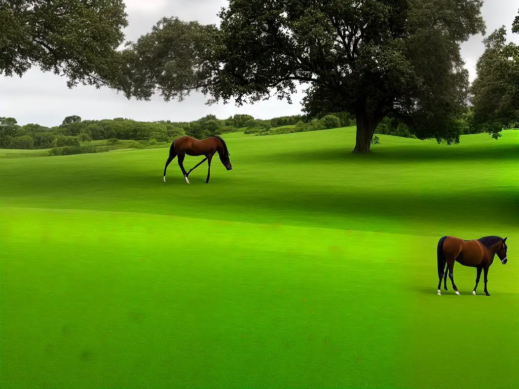 A brown horse with a white blaze down its nose standing on a green lawn with trees in the background.
