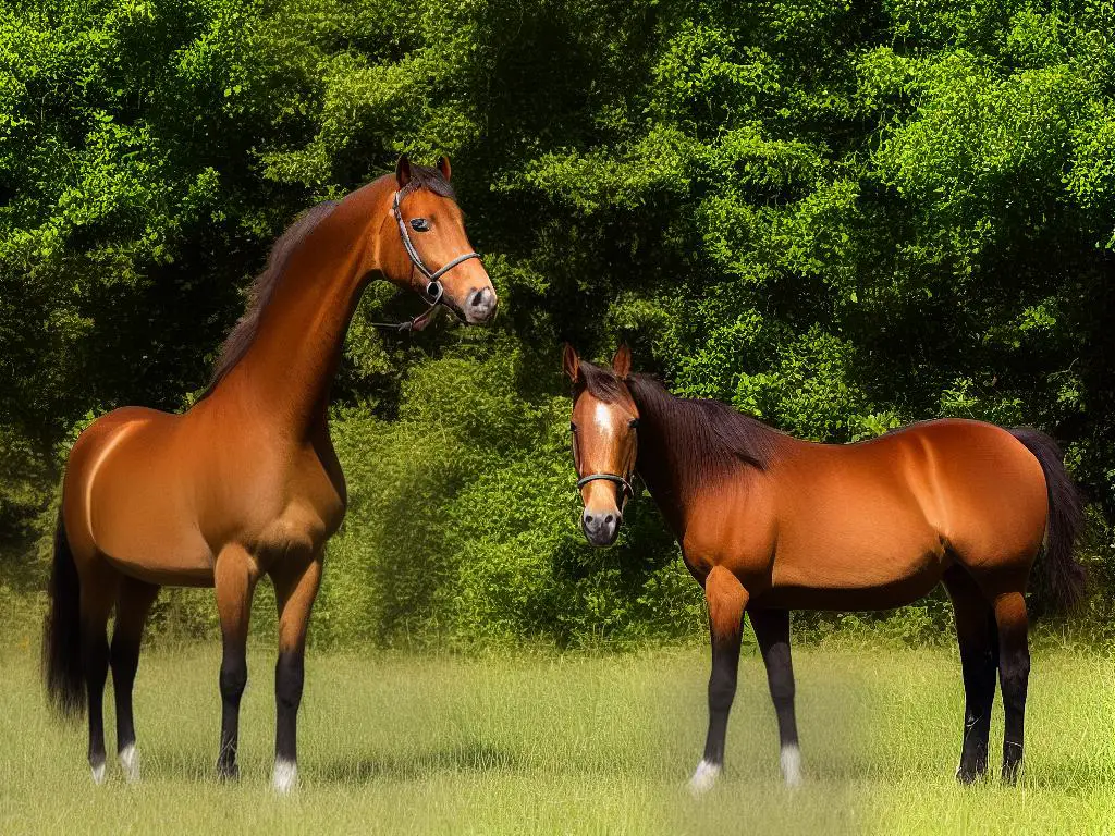 A picture of a chestnut horse in a paddock, looking towards the camera with its ears pricked up.