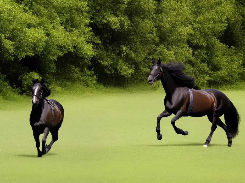 A majestic black Kentucky Saddler horse galloping in a green pasture