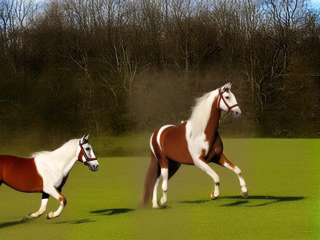 A picture of a Kentucky Saddler horse with a shiny mahogany-red coat and a white mane elegantly running through a field with its tail held high up in the air as if it's showing off.