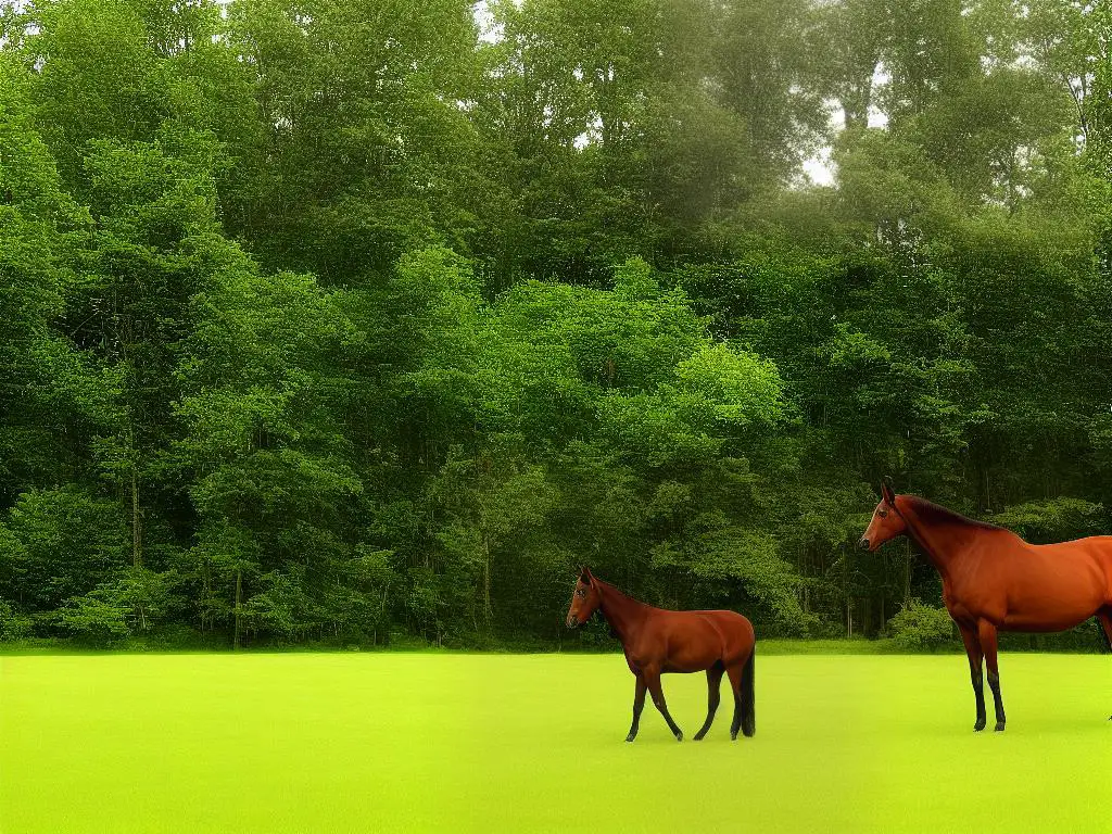 A brown mare stands in a green field with tall trees in the background.