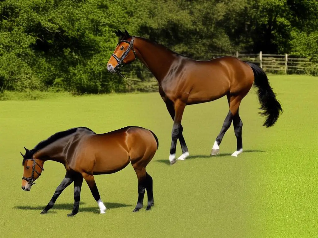 A brown horse with white mane and tail galloping in a grassy field, showcasing the exceptional beauty, grace, and unique gaits of the Kentucky Saddler.