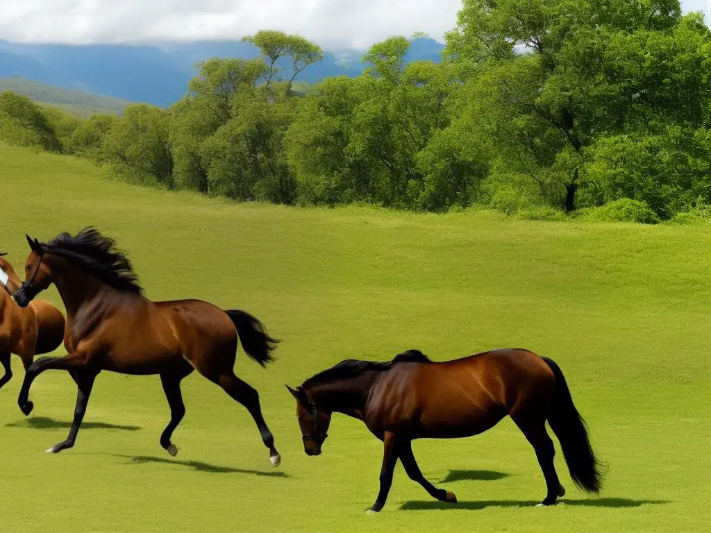 A beautiful brown horse with a shiny coat and long mane running in a green field with trees and mountains in the background.