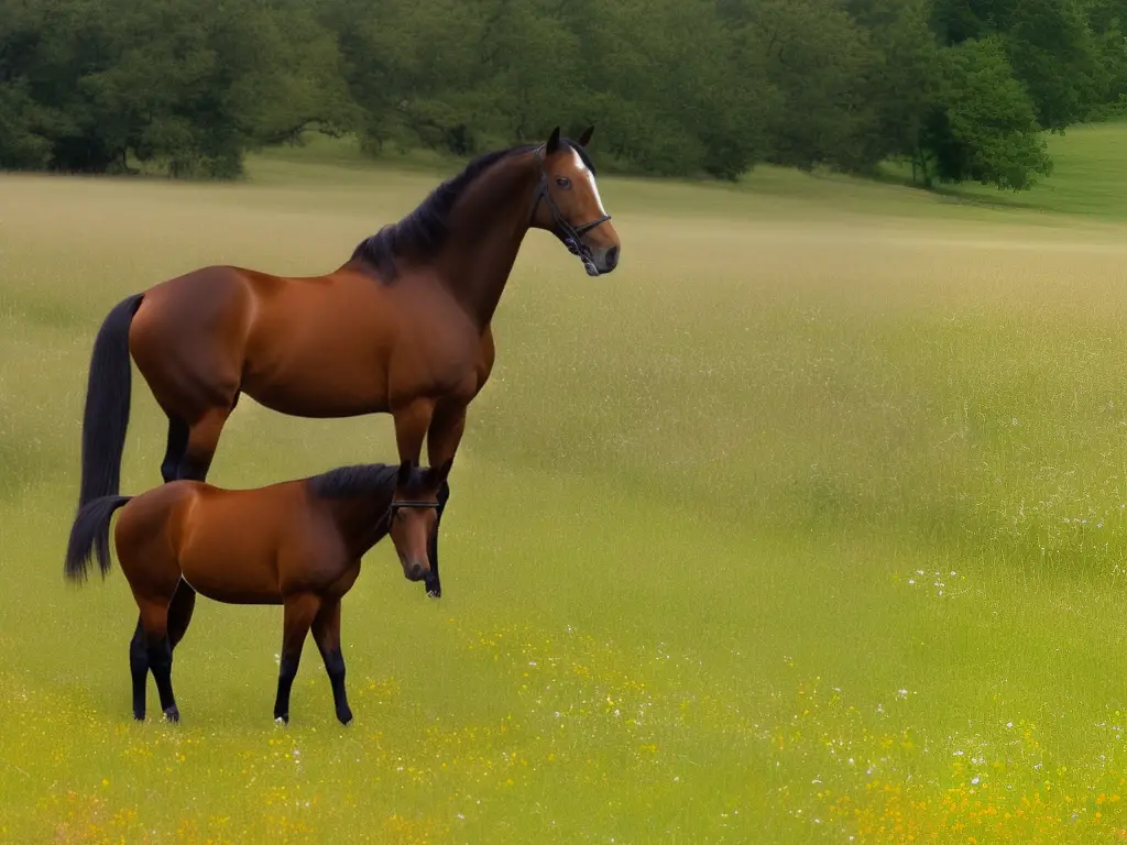 A beautiful brown horse with a long flowing mane and tail standing proudly in a meadow.