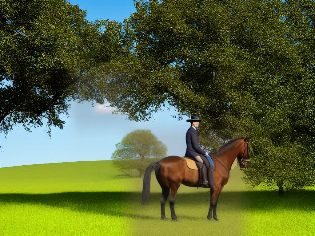 An image of a Kentucky Saddler horse with a chestnut coat and an arched neck, standing in a field with a blue sky in the background.