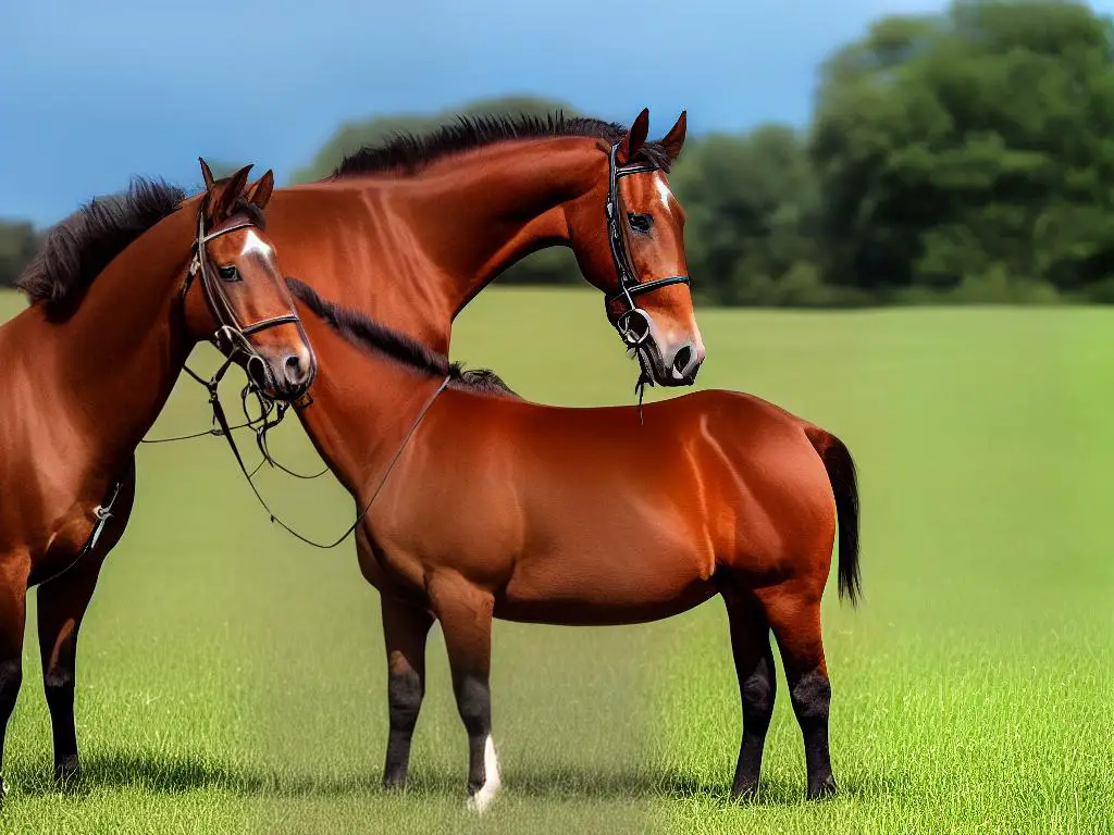 A brown horse standing in a field with a Kentucky Saddler horse breed title.