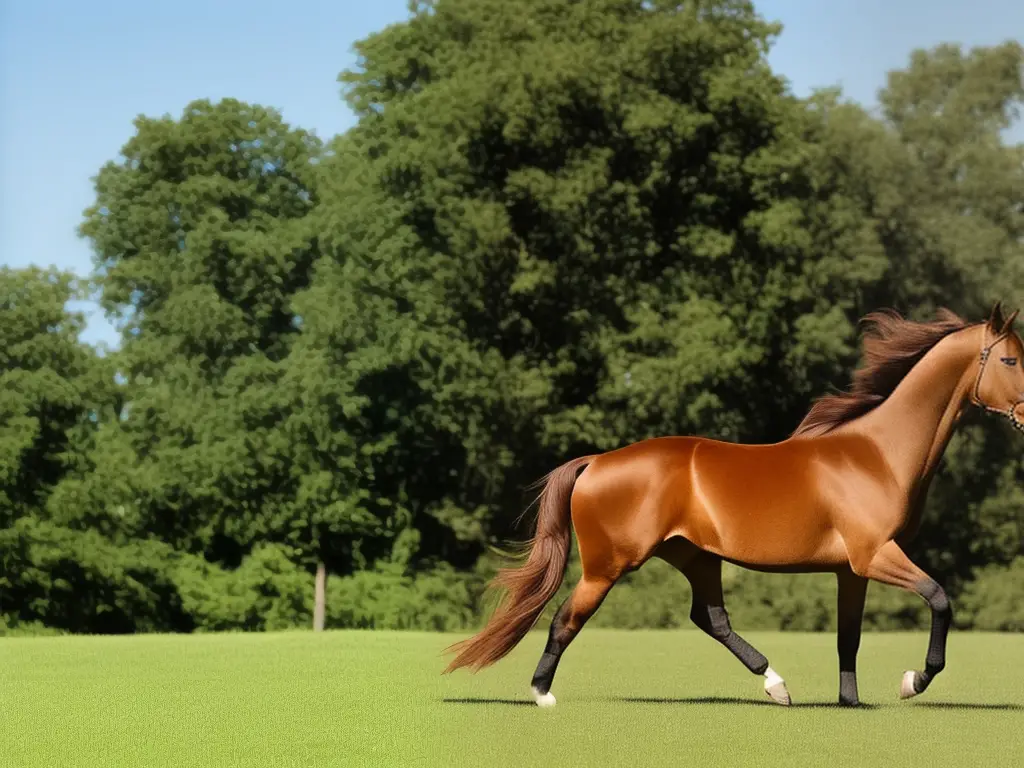A brown horse with a long mane and a distinctive high-stepping gait.