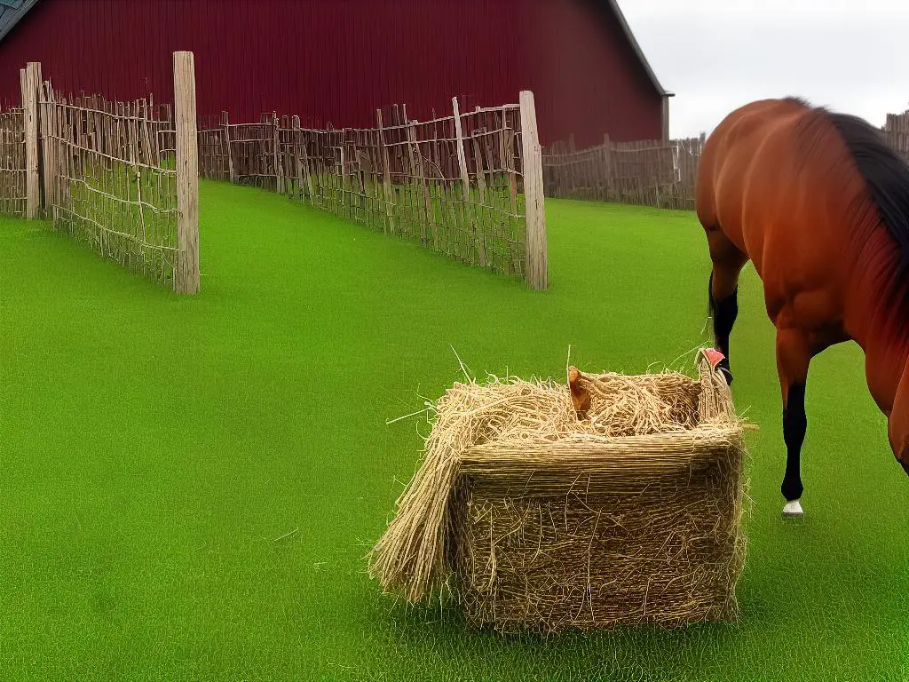 A picture of a Kentucky Saddler horse eating hay out of a manger with its head poking through the fence of a stable.