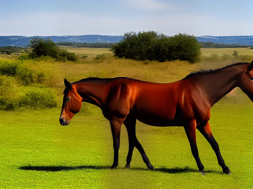 A brown horse standing in a field with its tail blowing in the wind.