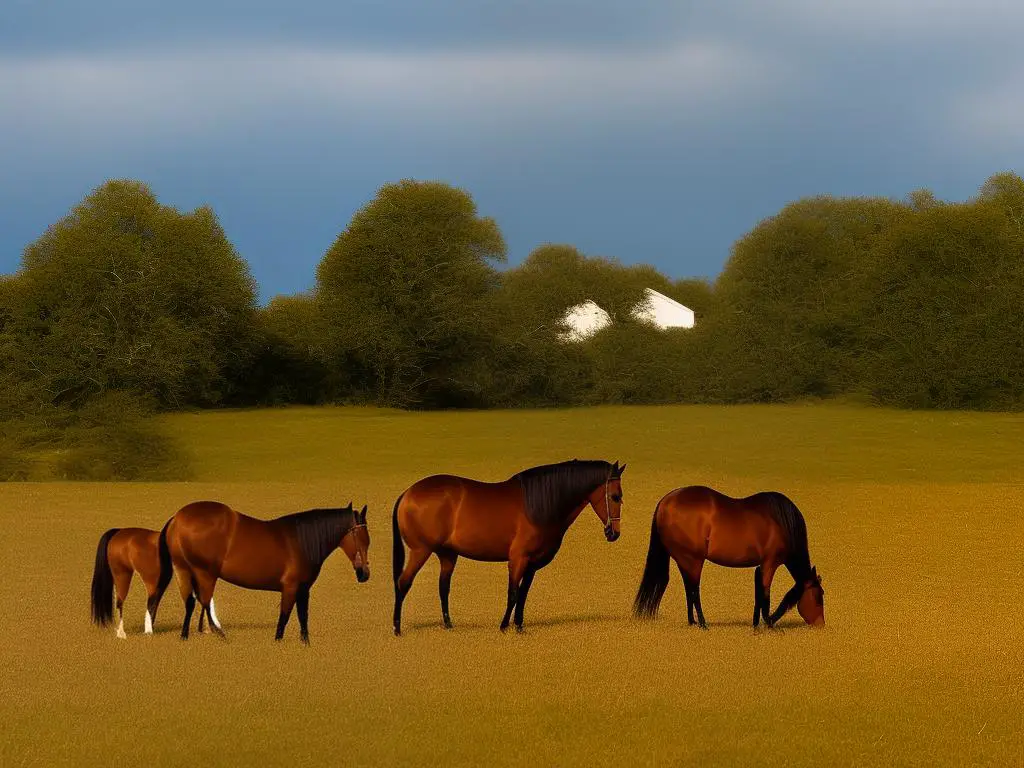 A brown Kentucky Saddler horse standing in a field with its mane and tail blowing in the wind.