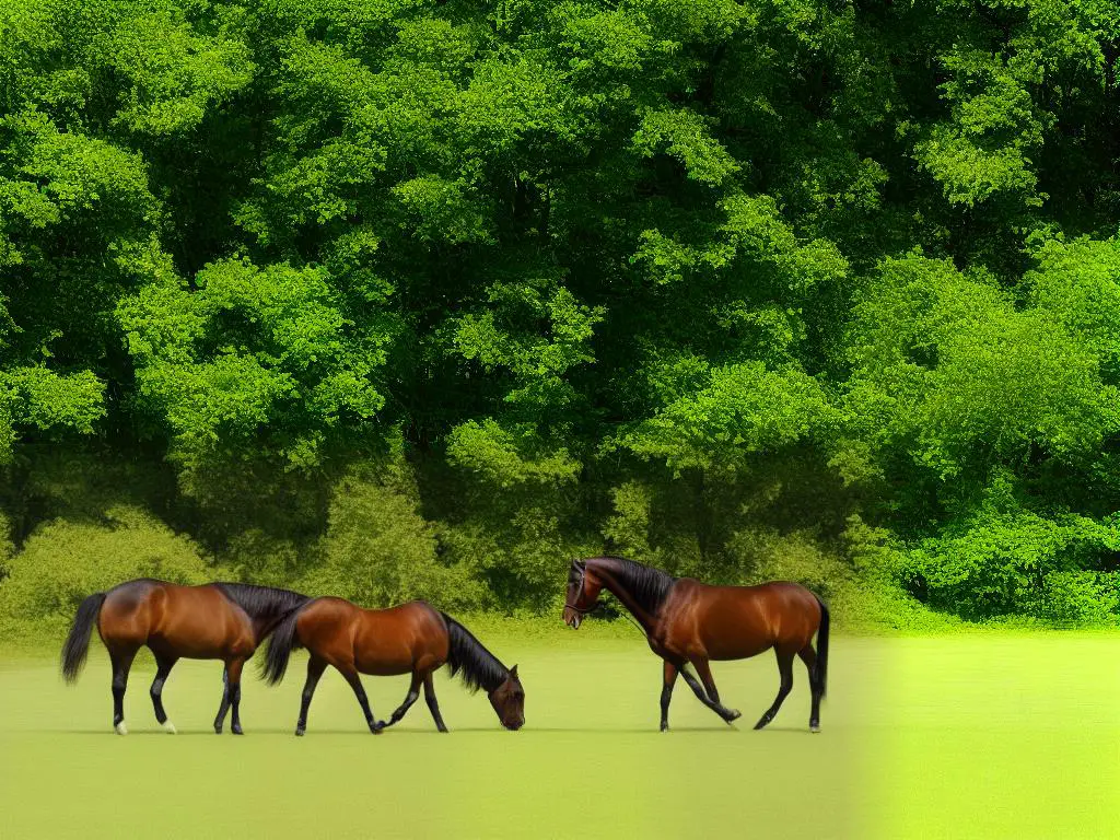 This is an image of a brown Kentucky Saddler horse grazing in a rolling green pasture with several other horses in the background.