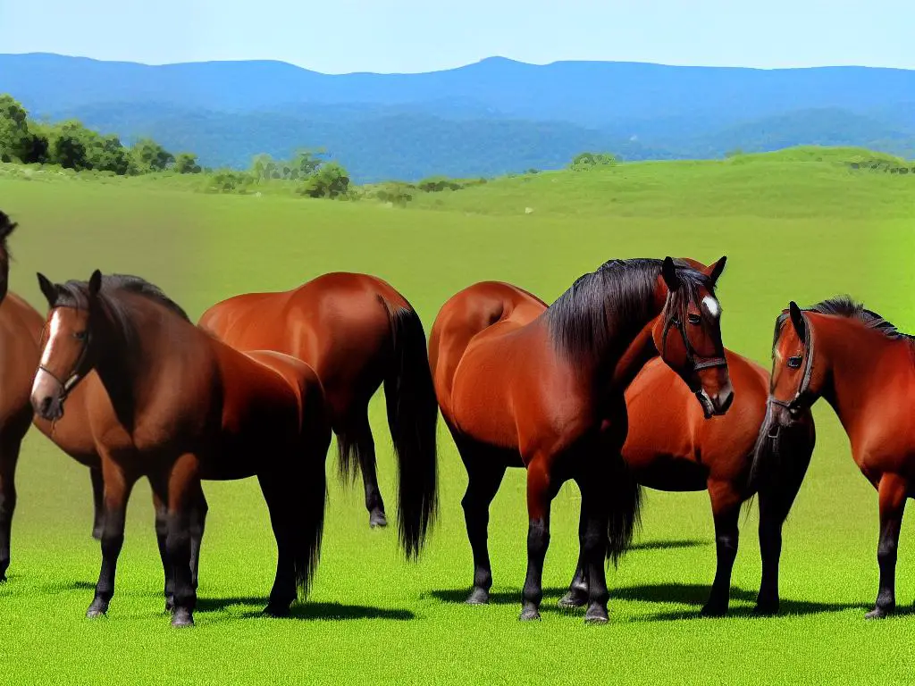 A group of Kentucky Saddler horses with shiny coats and well-maintained mane and tails, standing in a green pasture with rolling hills in the background. These horses have bold, strong, and proud postures and appear to be grazing or perhaps enjoying a rest in the grassy field.