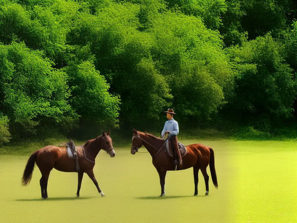 A photo of a brown Kentucky Saddler horse standing in a meadow with trees in the background.