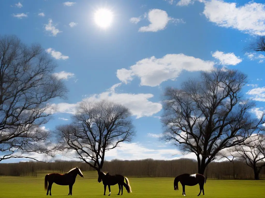 A picture of a Kentucky Saddler horse standing in a pasture with a blue sky and white clouds in the background.
