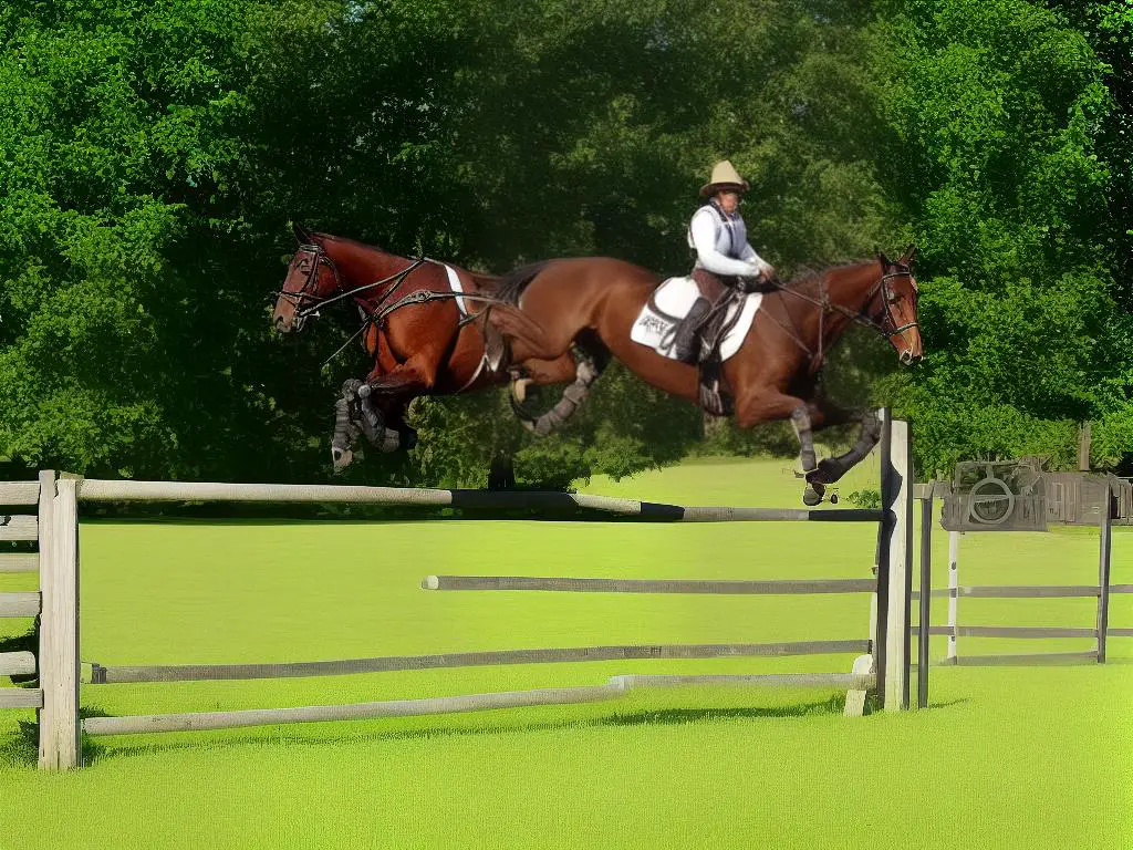 Image of a Kentucky Saddler jumping over a fence in a field