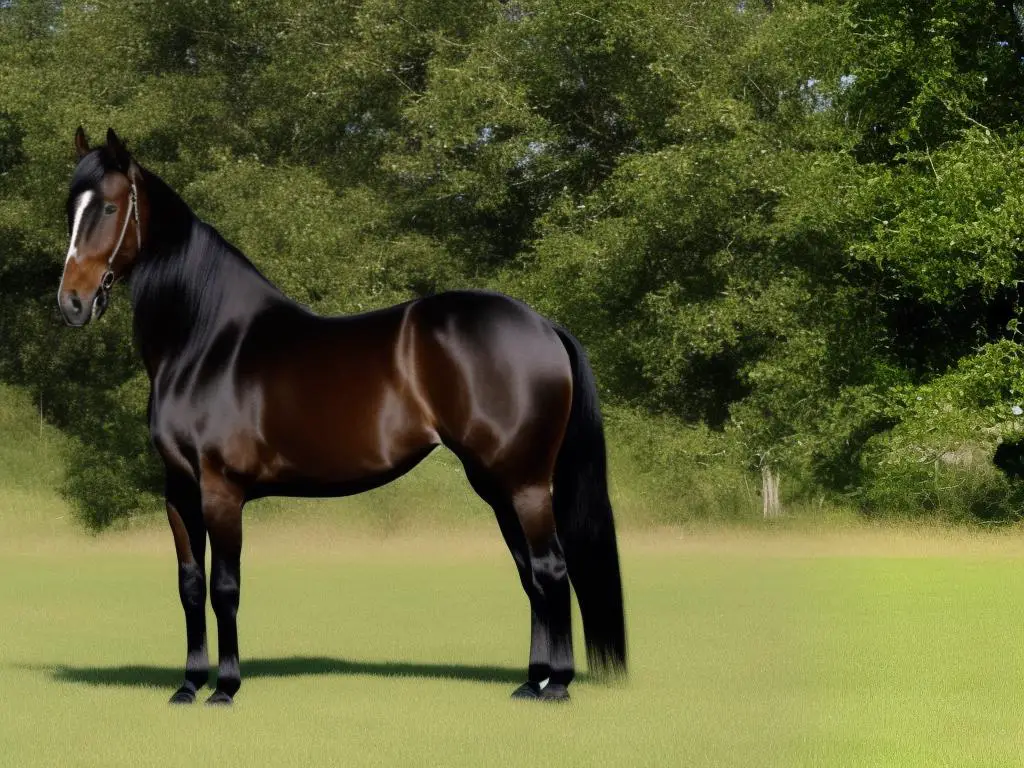 A close-up photo of a Kentucky Saddler horse with a sleek, dark coat and a long, flowing mane. The horse's stance is regal and graceful, with its neck arched and its head high. In the background, there are trees and foliage.