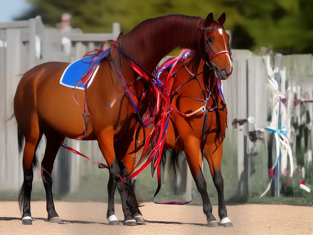 A beautiful chestnut Kentucky Saddler with a smooth gait and exceptional athleticism, decorated with numerous ribbons and standing in a show ring.