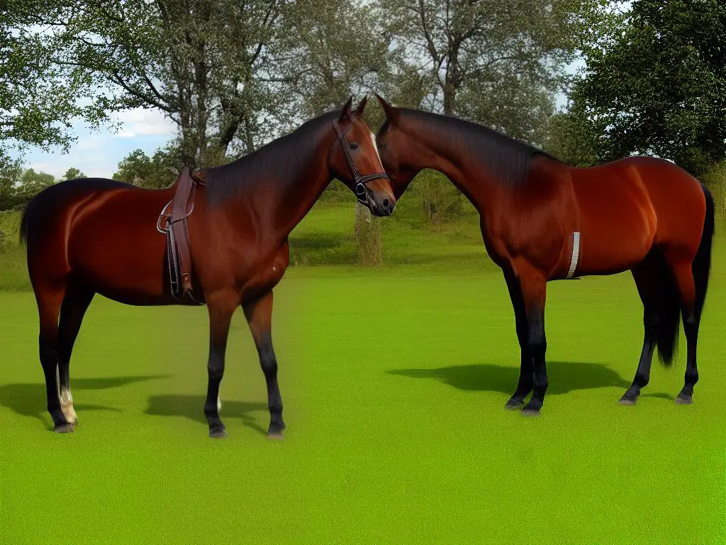 A picture of a Kentucky Saddler horse that has a chestnut coat with white patches on its face and legs. The horse is standing in a grassy field with trees in the background.