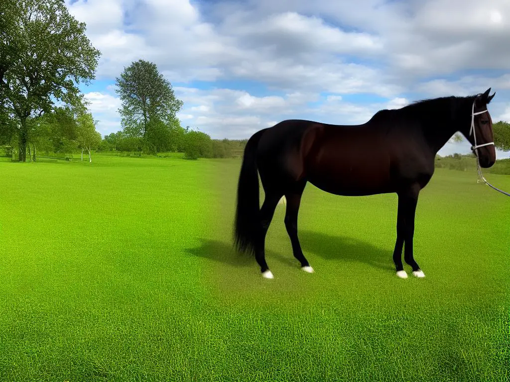 A picture of a beautiful Kentucky Saddler horse with a shiny black coat and white mane and tail, standing in a grassy field with trees in the background.