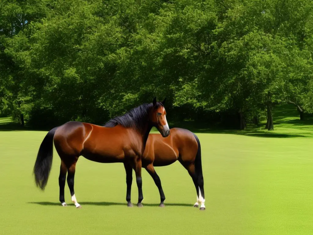 This image shows a beautiful Kentucky Saddler horse with a shiny coat, muscular shoulders, graceful neckline, and a well-defined hindquarter. The horse is standing on a green pasture with other horses in the background.