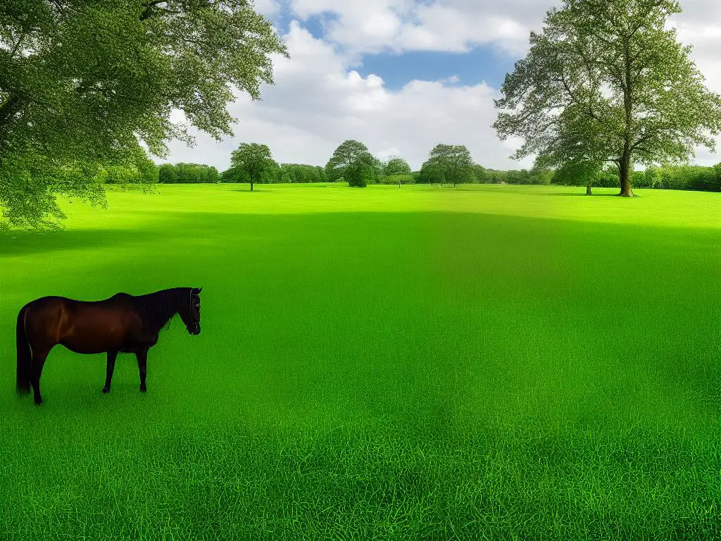 A healthy Kentucky Saddler with a shiny coat grazing a green field.