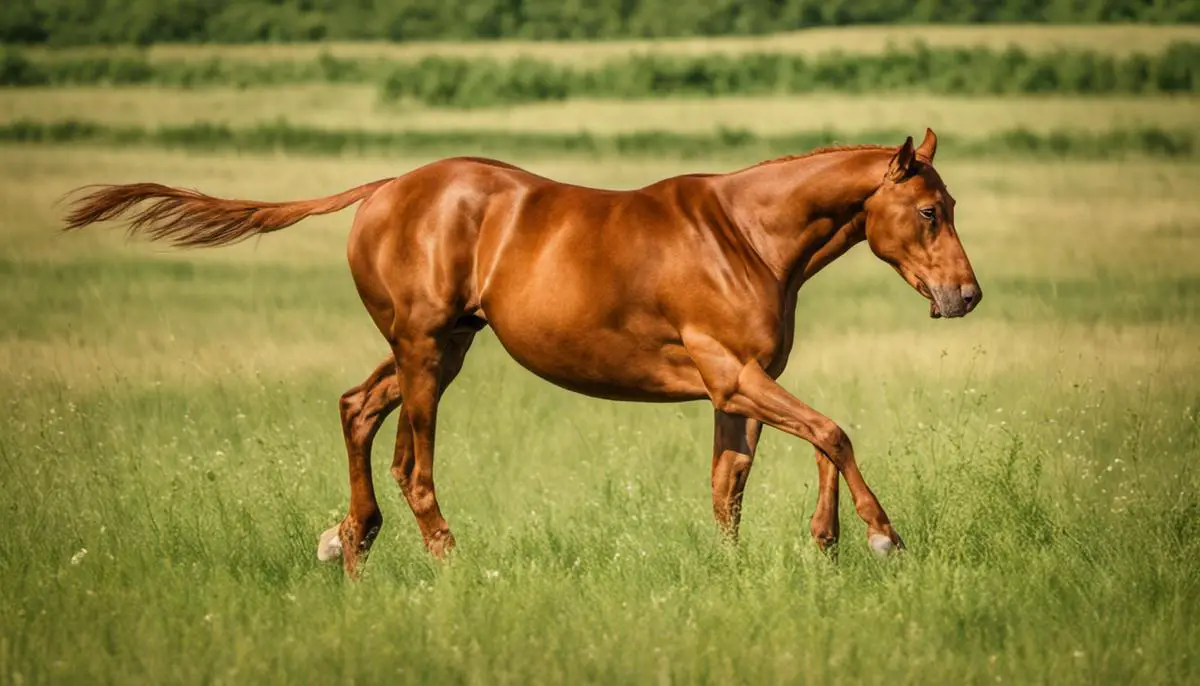A majestic Magyar Vizsla horse in a field, representing the breed's resilience and beauty.