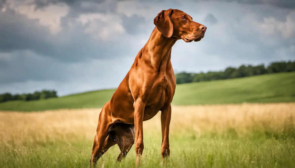 A beautiful Magyar Vizsla horse standing in a field, showcasing its majestic appearance and muscular build.