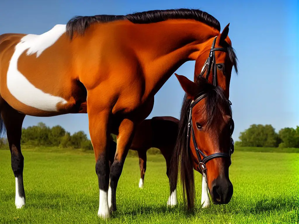 A beautiful brown Norman Cob horse standing in a field during a sunny day