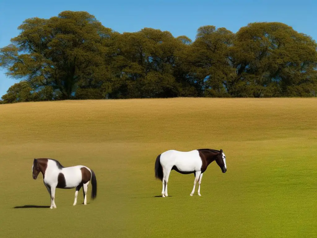 A brown and white Oldenburg horse standing in a field with a blue sky behind, looking healthy and energetic