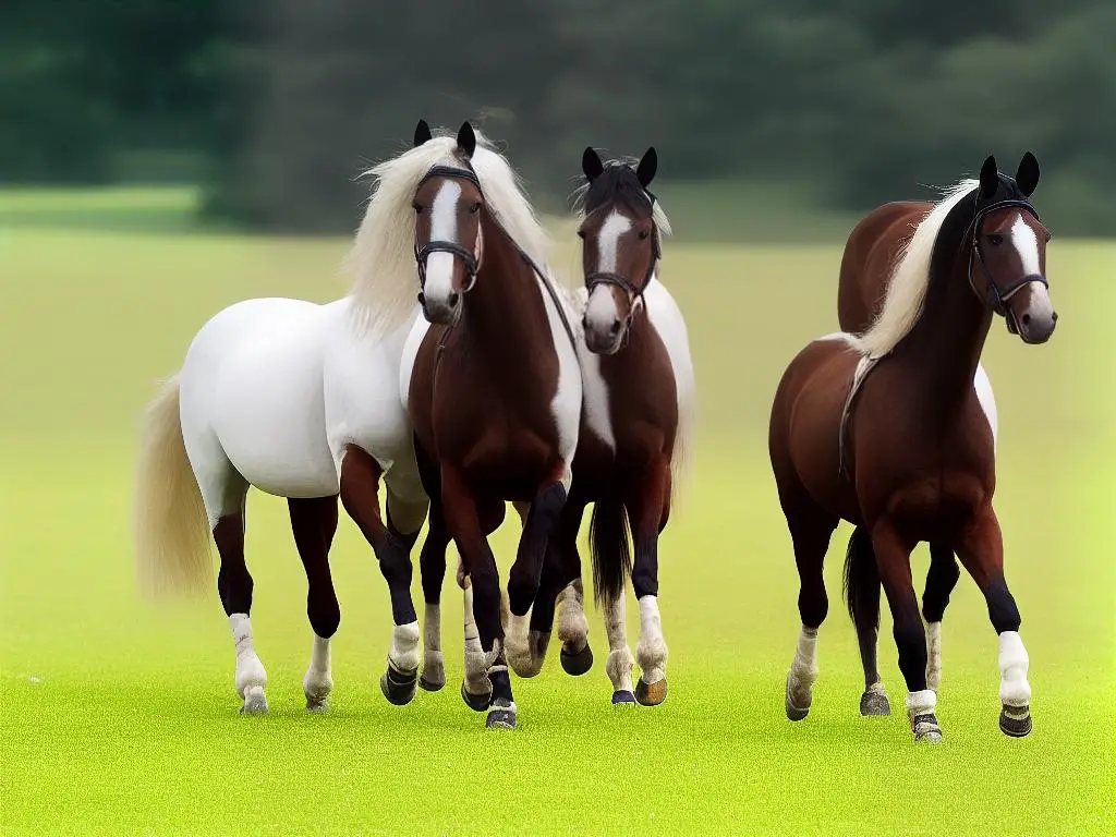 A photograph of two French Trotter horses trotting side by side in a field