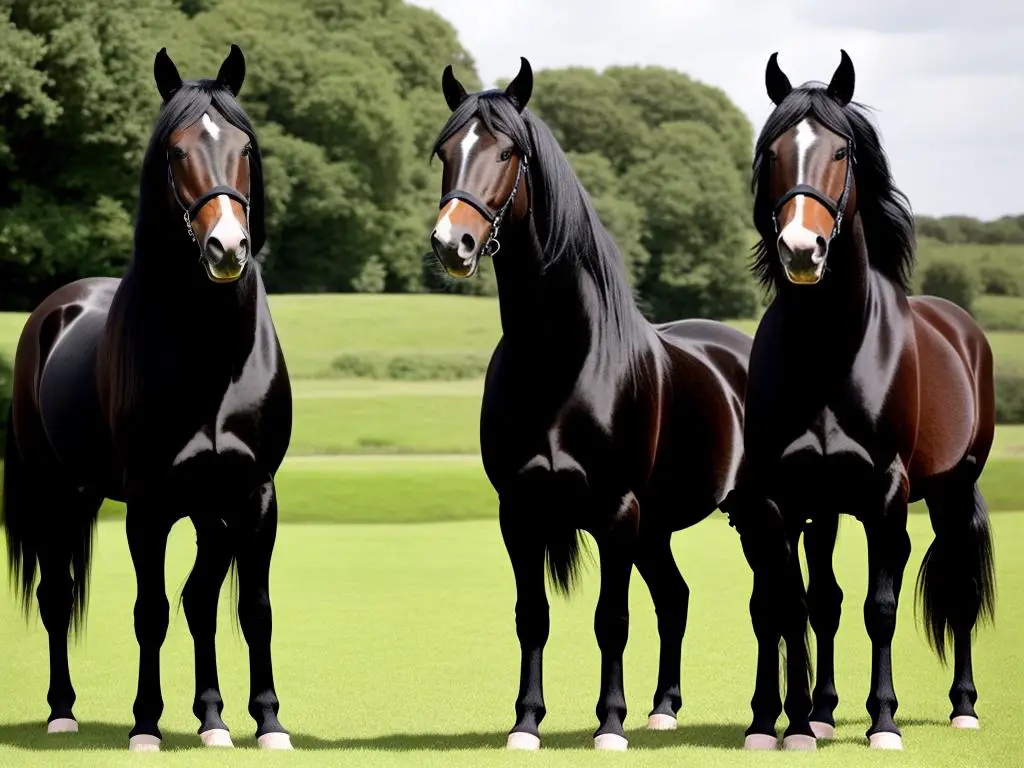 Image of a Shire and Friesian horse side by side, displaying their magnificent physical characteristics.