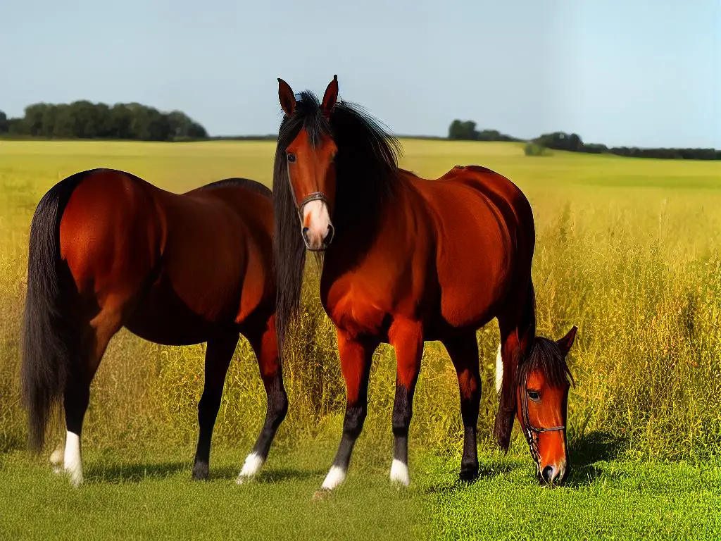 A Poitivin Mule Horse standing in a field, showcasing its large size and distinctive coat color. These horses are an important part of the agricultural heritage in the Poitou region of France.