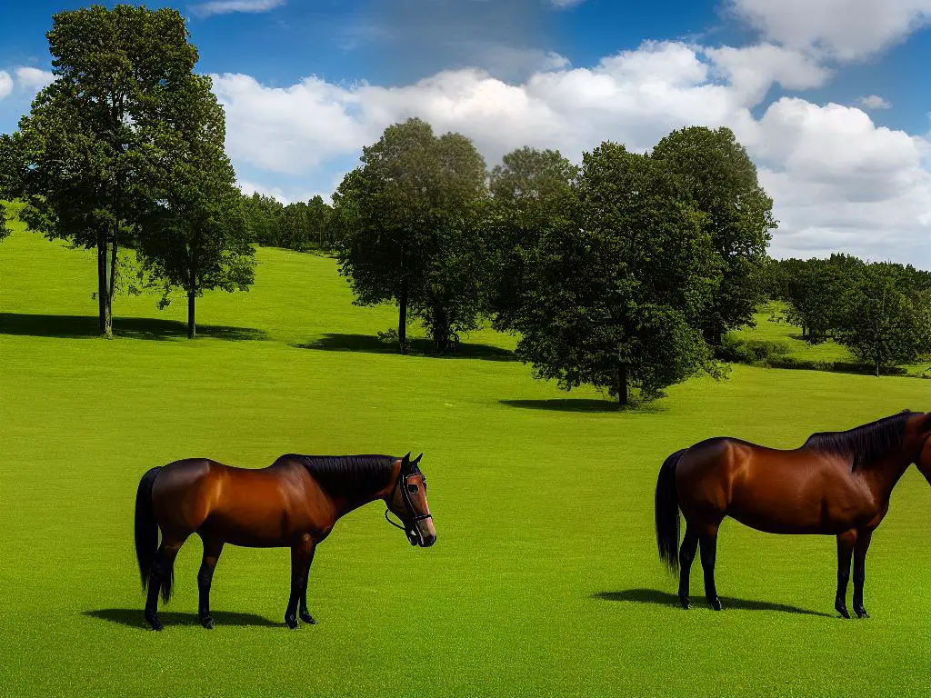 A beautiful chestnut Rheinländer horse with a white blaze standing in a grassy paddock with trees in the background.