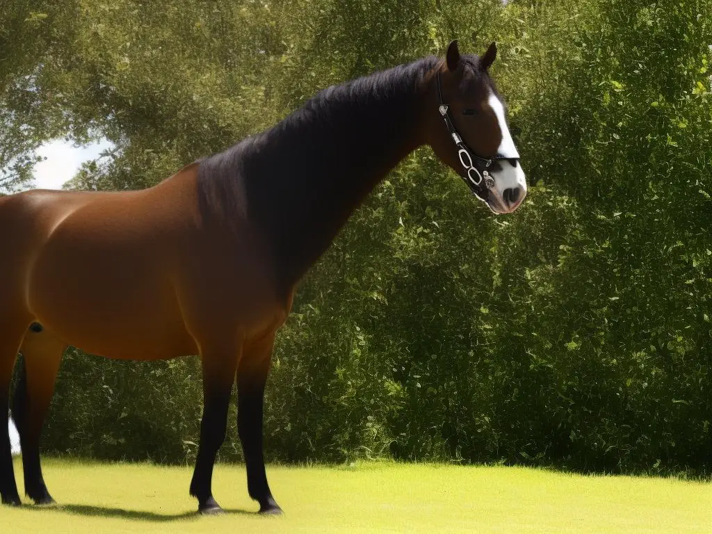 A brown Rheinlander horse looking into the camera with its mouth open and ears pricked.
