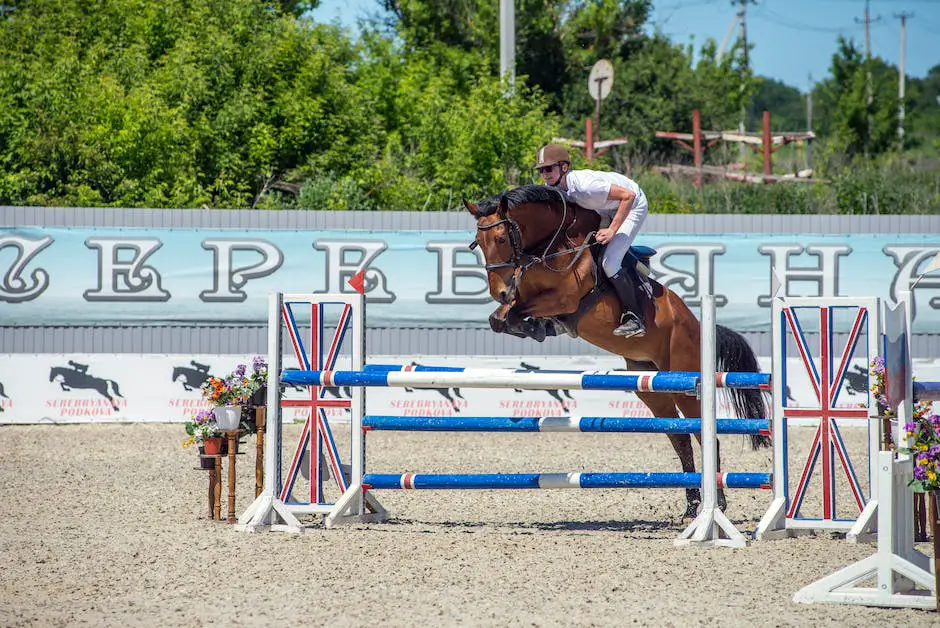 A majestic Russian Warmblood horse gracefully jumping over a show jump with its sleek coat glistening under the sunlight.