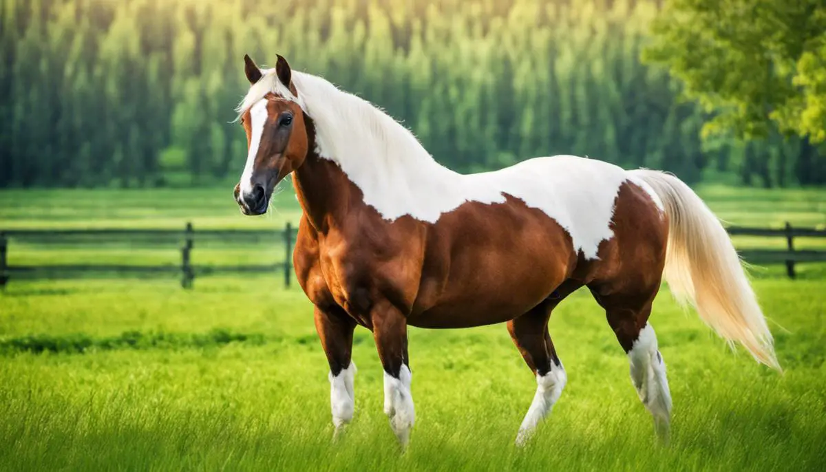 A beautiful Russian Warmblood horse standing in a green pasture