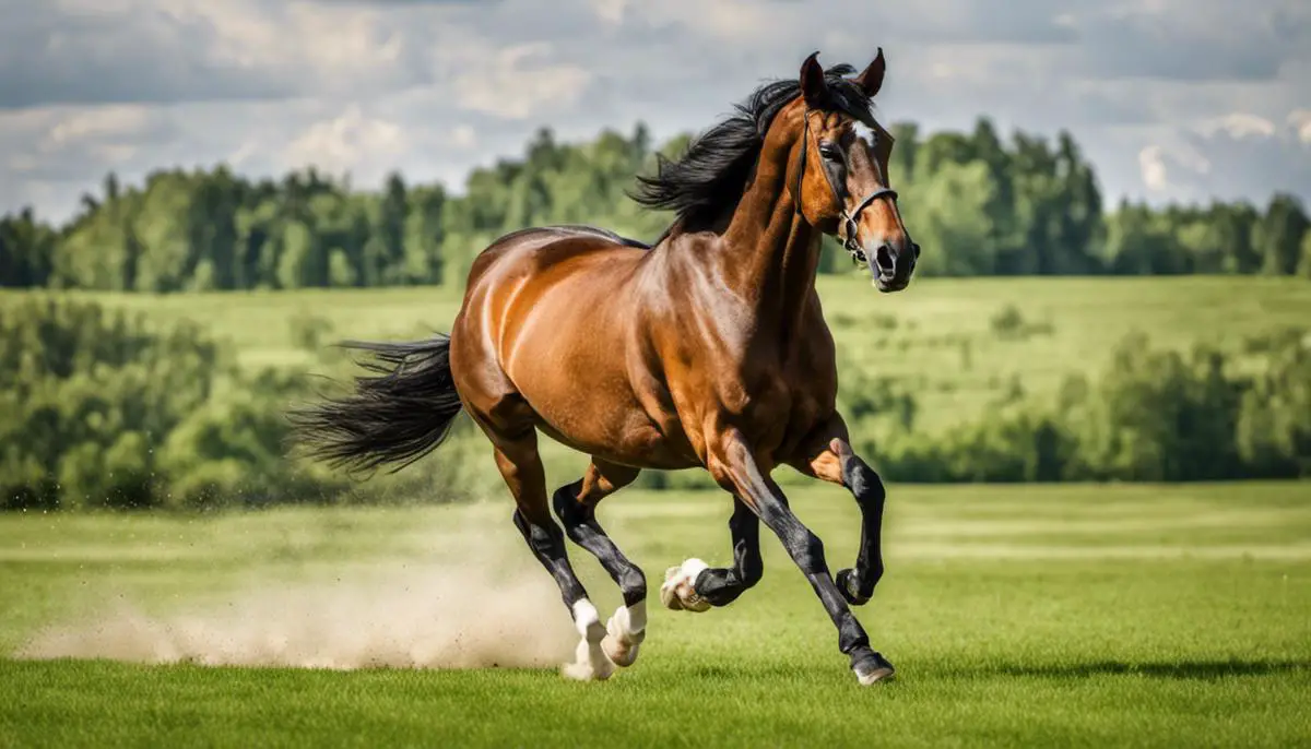A beautiful Russian Warmblood horse galloping gracefully across a field of green grass.