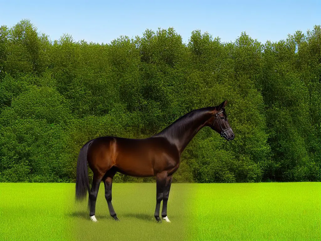 A beautiful Saddlebred horse, with a long, upright neck, and elegant movement, standing proudly out in a field.