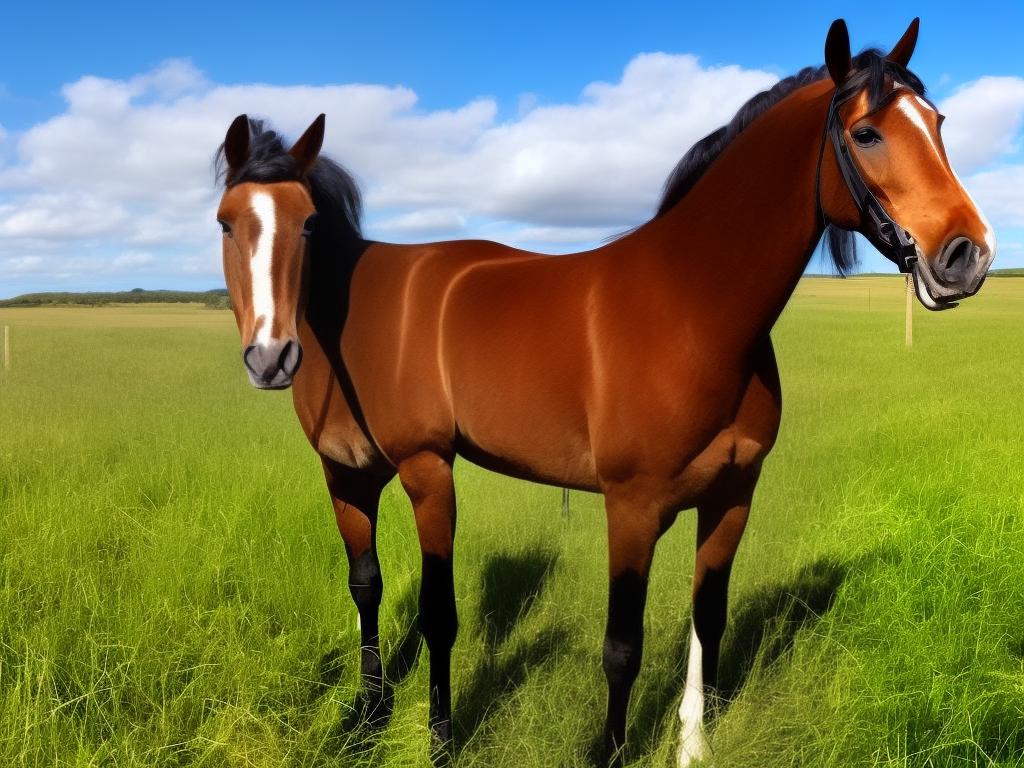 A beautiful Saddlebred horse standing in a field with a blue sky in the background