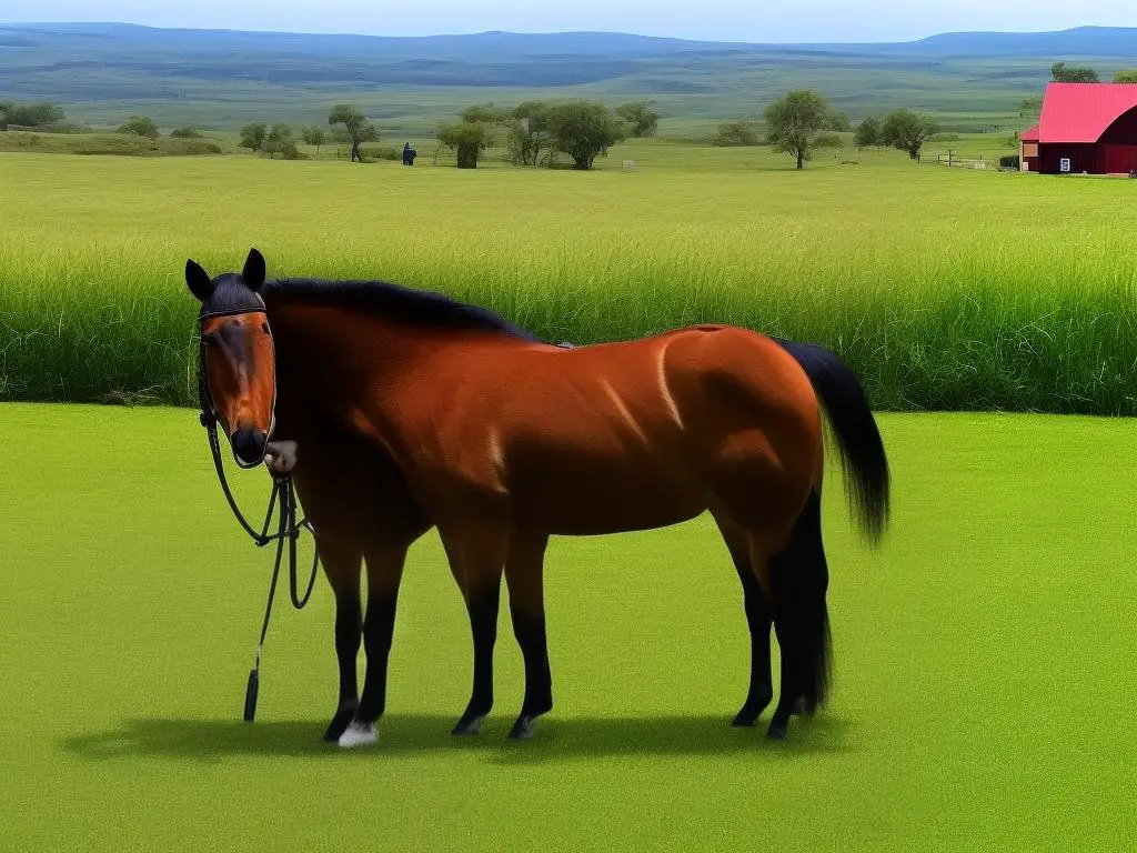 A picture of a happy Saddlebred horse with a shiny coat and groomed mane standing in a green field with a barn in the background. The horse's owner is giving him a treat for good behavior.