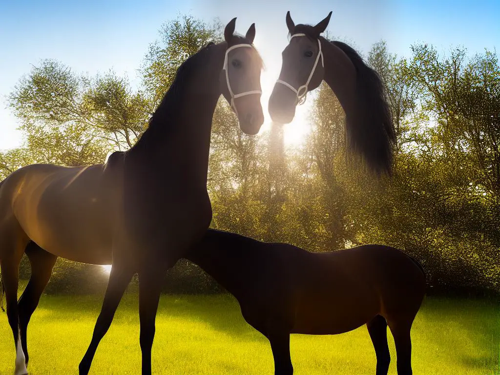This is an image of a beautiful Saddlebred horse with a long, arched neck and an expressive yet refined head. The horse is standing in a field, with the sun shining on its coat and a sense of grace and poise emanating from the image.