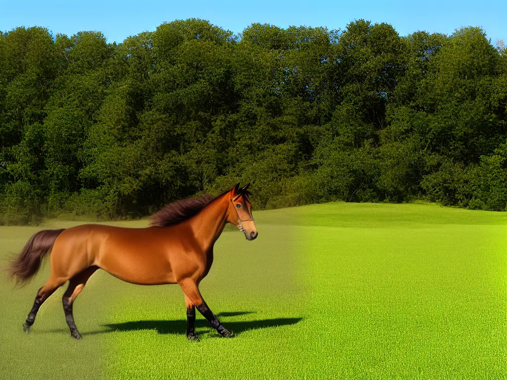 A picture of a Saddlebred horse, with a glossy chestnut coat and long, wavy mane and tail, prancing gracefully in a field.
