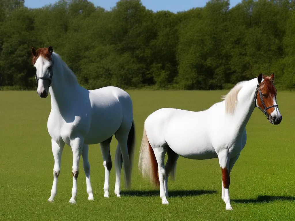 A brown and white Saddlebred horse with a long mane and tail, standing on a green pasture.