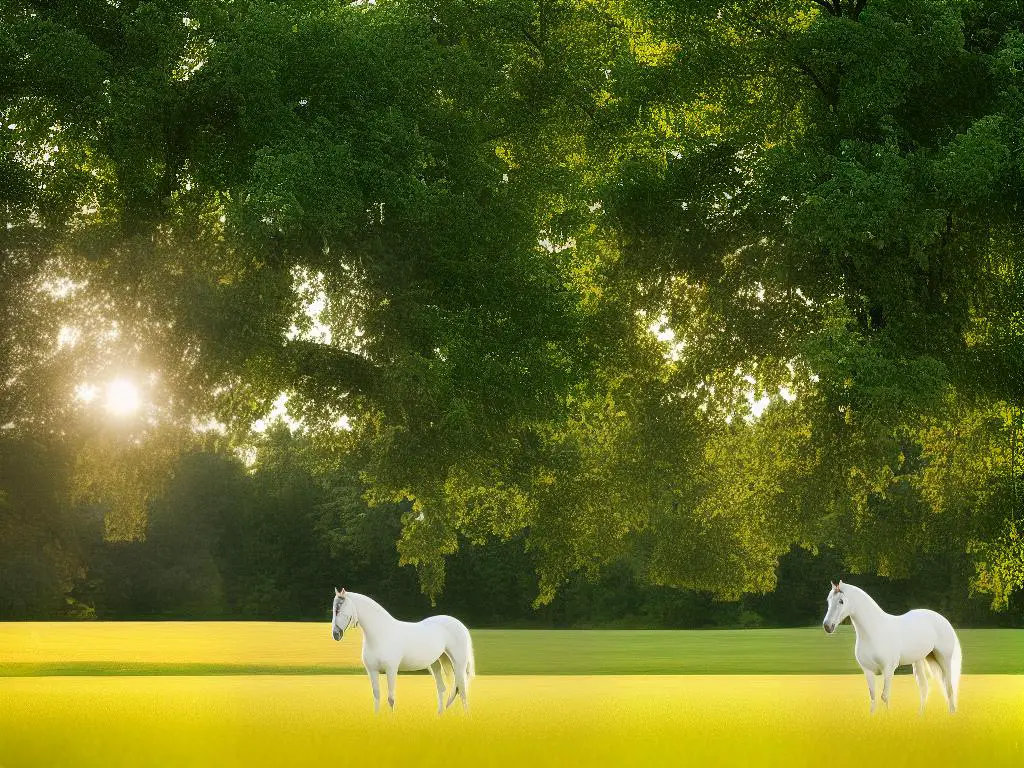 A majestic white Saddlebred horse standing in a grassy meadow with sunlight shining through the trees in the background.